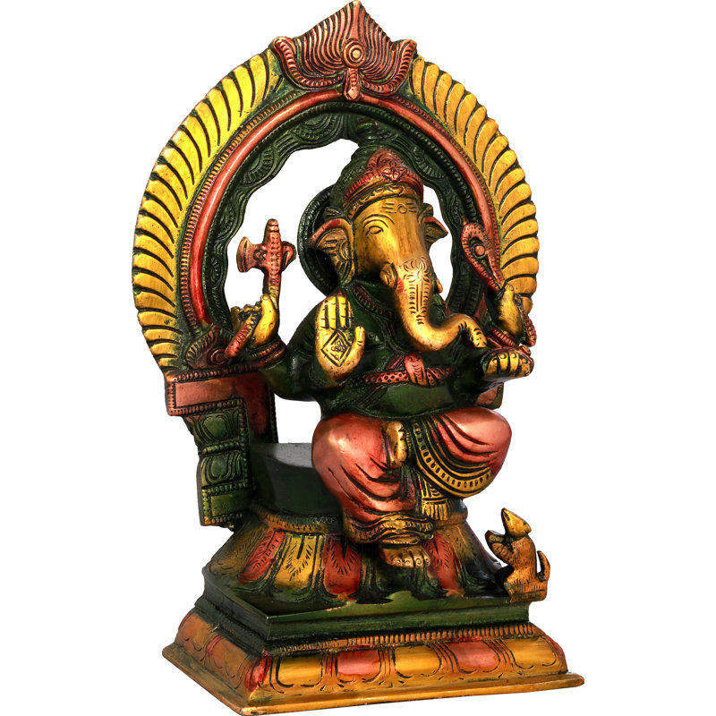 Figurine assise Ganesha avec Prabhavali, Vert / or / rouge