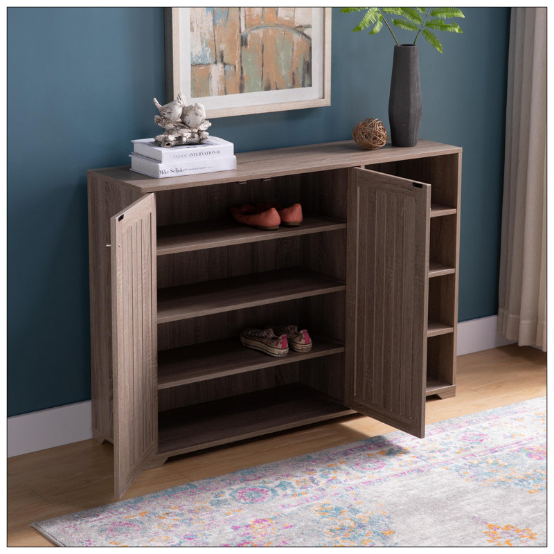 Armoire de rangement à 4 niveaux pour porte d'entrée, armoire à chaussures en bois à double porte, taupe foncé