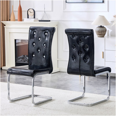 Ensemble de 2 chaises de salle à manger rembourrées en peau d'alligator rétro, avec des boucles en cristal et du similicuir, une touche d'élégance et de mystère pour la salle à manger