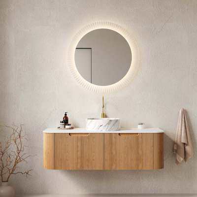 Meuble-lavabo 48 po avec lavabo, meuble-lavabo mural à bords arrondis avec 2 tiroirs, lavabo rond en céramique avec motif de pierre, pré-assemblé