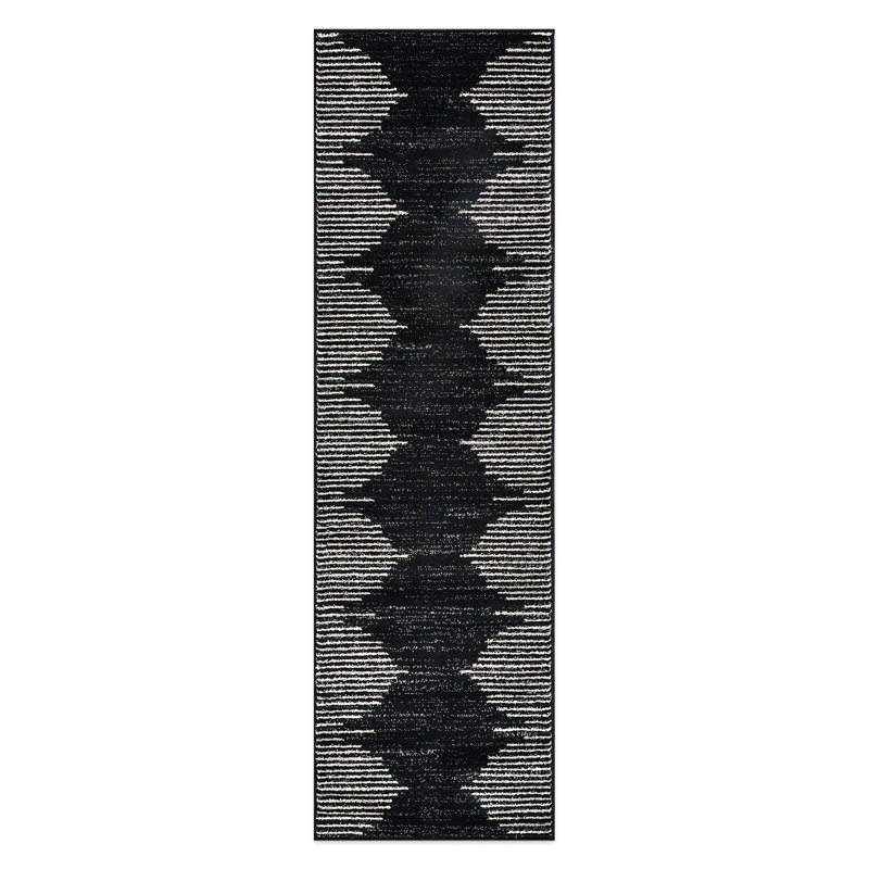 Malica Geometric Machine Woven Polypropylene Area Rug in Black/Ivory, Runner 2' x 7'