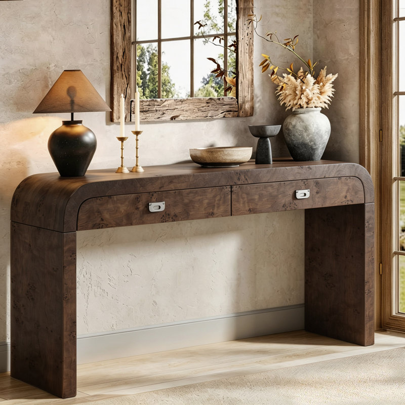 Faelina 60" Wood Console Table with Drawers– Handcrafted Elegance with Sleek Curves, 31.7" H x 60" W x 15.7" D, Dark Brown