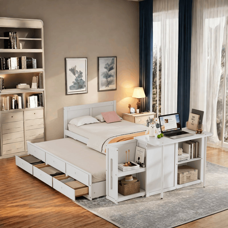 Multifunctional Daybed 3-drawer Platform Bed With Desk And Trundle, Twin Size, White