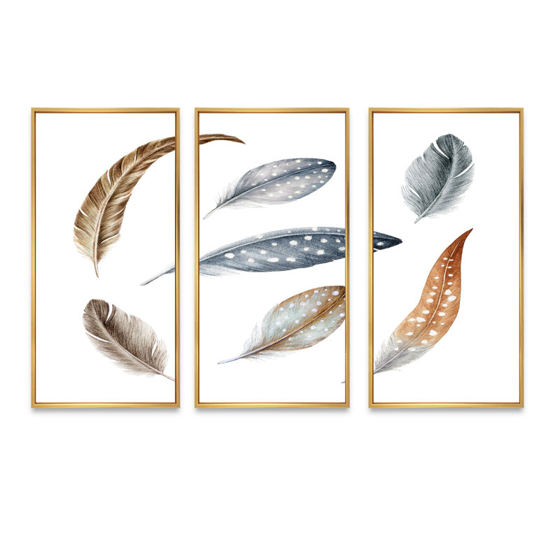 «Grey Boho Polka Dot Feathers II», ensemble de 3 reproductions d'art sur toile encadrées bohémiennes et éclectiques, Or
