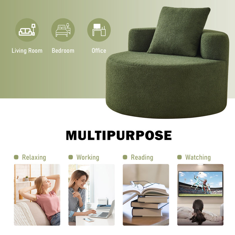 Chaise d'appoint rembourrée ronde en tissu de 39,37 po de largeur pour le salon et la chambre à coucher, Vert