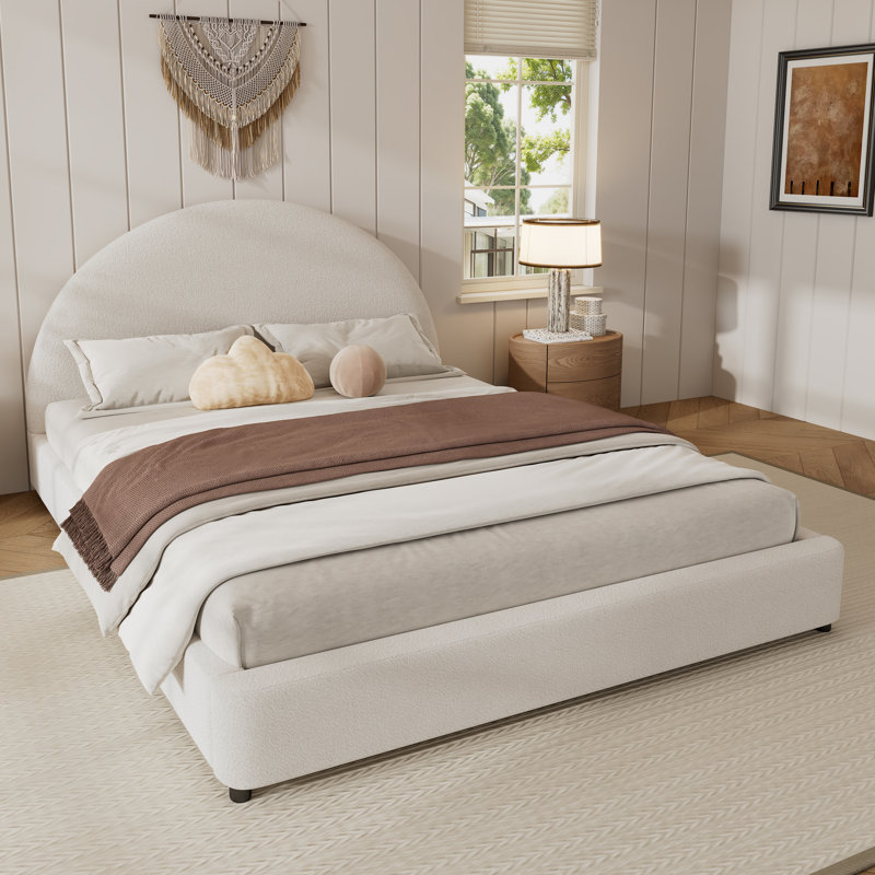 Aveline Boucle Upholstered Platform Bed With Rounded Curved Headboard For Luxurious Comfort, Queen