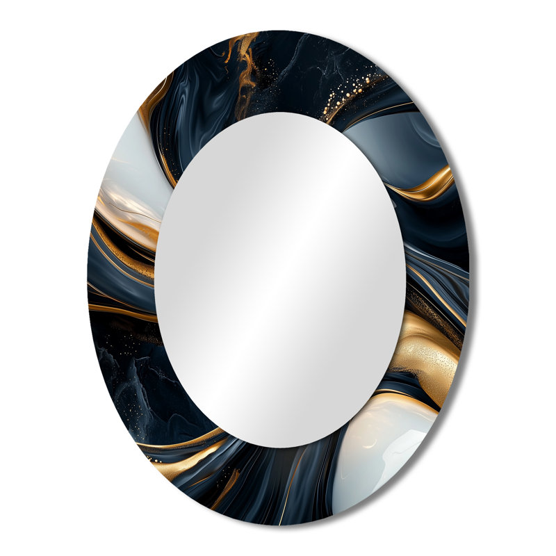 Or et noir captivant marbre II - miroir décoratif ovale abstrait sur métal, 43 po x 33 po