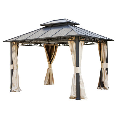 Hardtop Gazebo, Metal Double Roof, Anti-rust Coating Frame With Shaded Curtains & Netting