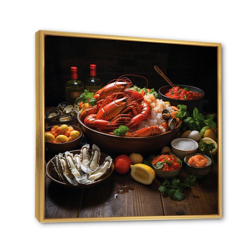 Assortiment de fruits de mer II sur toile, H 16 po x l 16 po x P 1 po, Cadre flottant doré