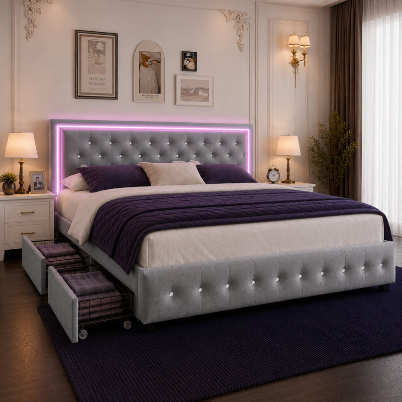 Jalna LED Lighted Upholstered Bed Frame with Bluetooth Sync Lights, Adjustable Headboard & 4 Storage Drawers, No Box Spring Needed, Easy Assembly,