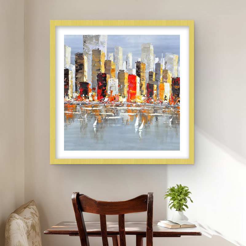 «Colorful Buildings with Water Reflection - Gray», reproduction encadrée