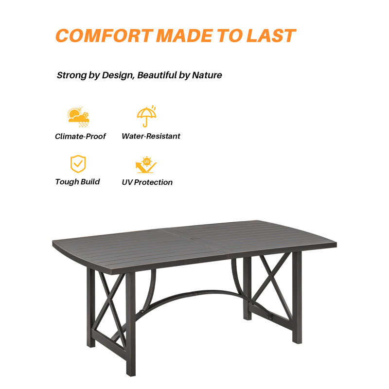 Aluminum Outdoor Dining Table for 6, Rectangle Patio Dining Table with Umbrella Hole, Outdoor Patio Table, All-Weather 6 Person Garden Table for Deck, Porch, Poolside