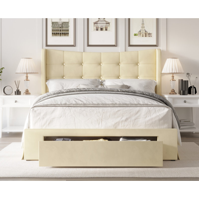 Culberson Upholstered Wingback Storage Bed, Twin, Beige