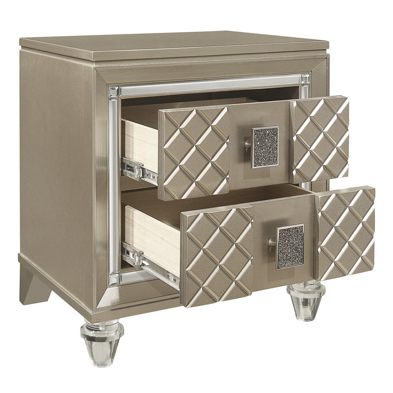 Glamour Champagne Finition 1Pc Table de chevet de 2 tiroirs Pieds en acrylique Table de chevet Mobilier de chambre à coucher de luxe Bordure de miroir biseauté