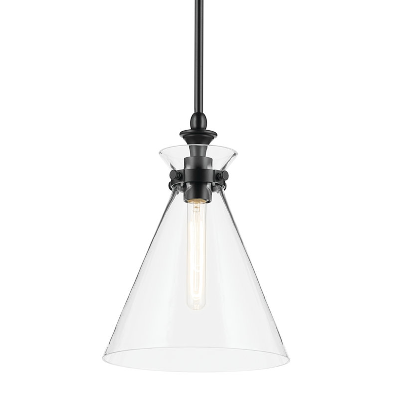 Luminaire suspendu traditionnel 1 lumière avec verre, H 14,5 po x l 10,5 po, Clair, Noir satiné