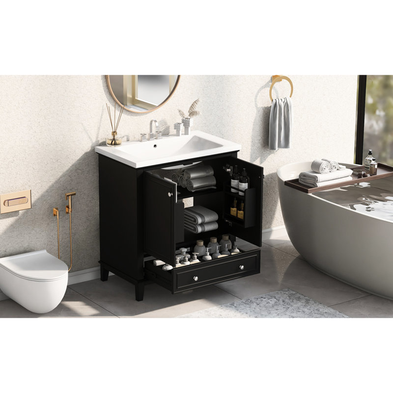 Meuble-lavabo de salle de bain avec lavabo en céramique - 30 po, noir, bois massif et armoire moderne, Noir