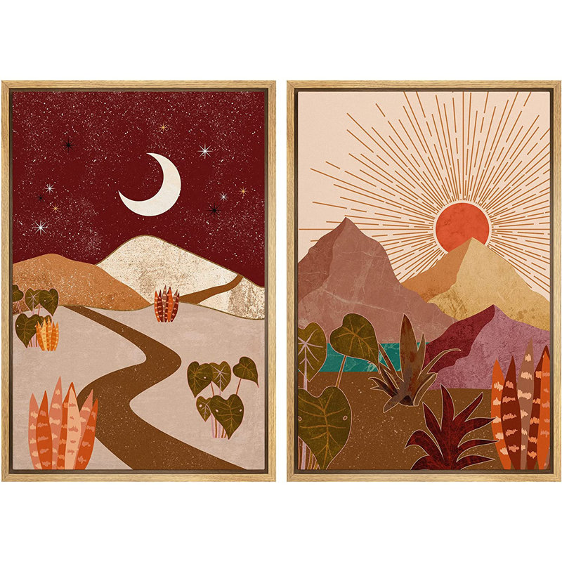 IDÉE4WALL, reproduction d'art sur toile encadrée, lune et soleil, désert, sud-ouest, paysages, nature sauvage, illustrations, art moderne, rustique décoratif pour le salon, la chambre à coucher, bureau, 16 po x 24 po x 2 po blanc