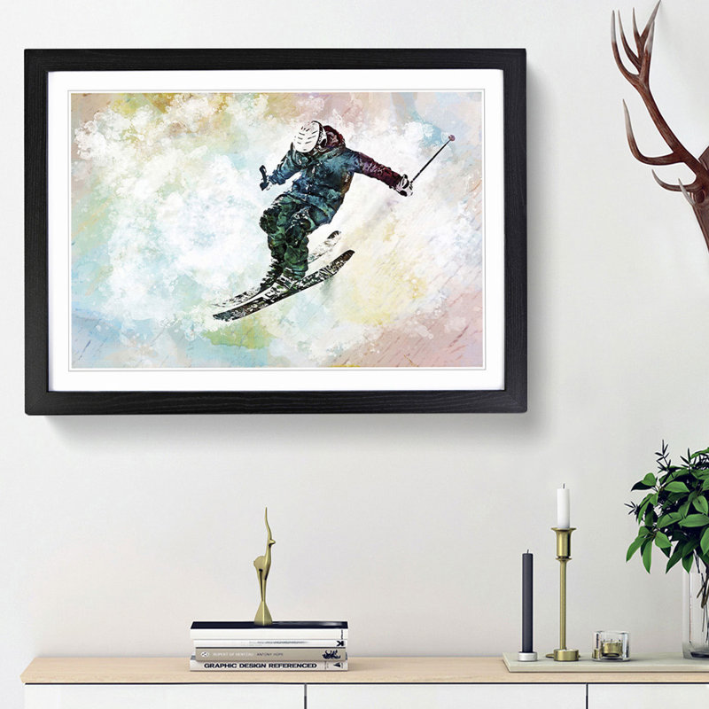 Skiing in Abstract - Picture Frame Painting Print, Black Framed, 62cm H x 87cm W x 2cm D