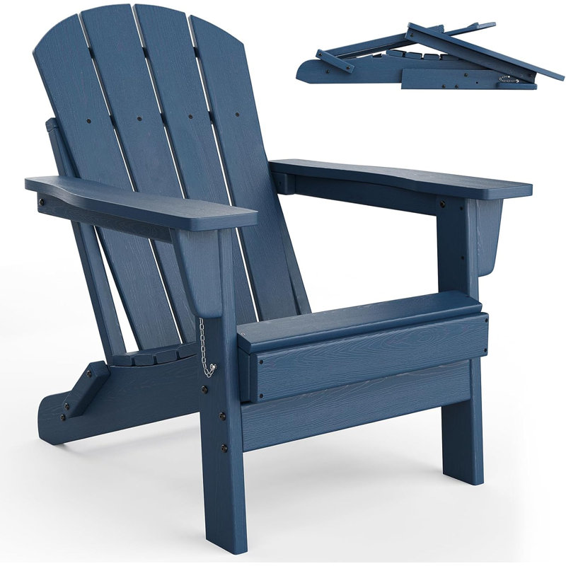 Folding Adirondack Chair, Outdoor Wooden Lounge Chair, Modern Lounger Adirondack Chair Ergonomic Extended Backrest, Navy