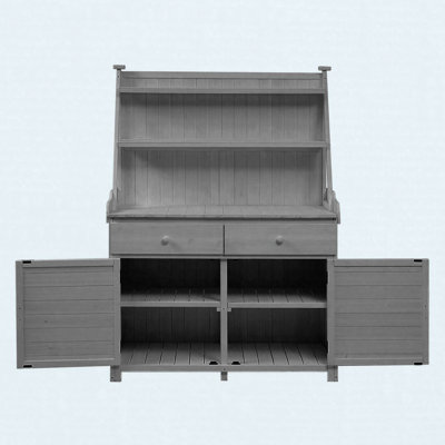 Banc de jardin en bois de sapin 65 po avec tiroir, tablette de rangement et poste de travail, gris