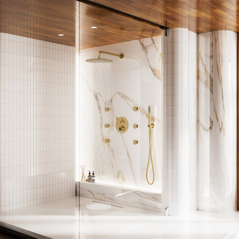 Wall Mounted Thermostatic Complete Rainfall Shower System with 6 Body Jets and Rough-in Valve, Brushed Gold