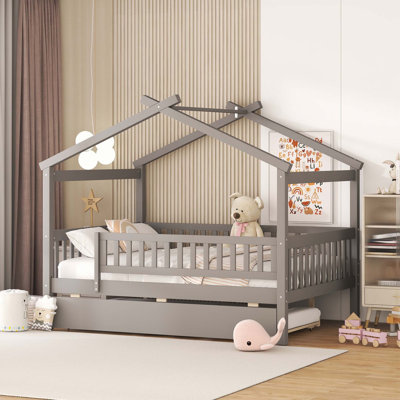 Wooden House Bed With Twin Size Trundle