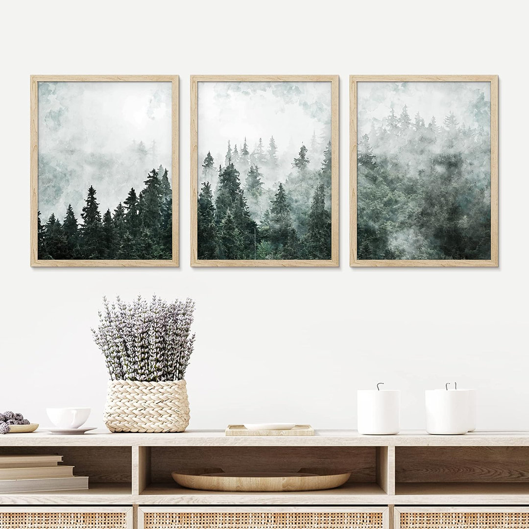 IDEA4WALL Framed Foggy Pine Tree Wall Art, Set Of 3 Forest Mountain Wall Decor Prints, Nature Wilderness Wall Décor For Living Room, Bedroom 3 Pieces IDEA4WALL Frame 