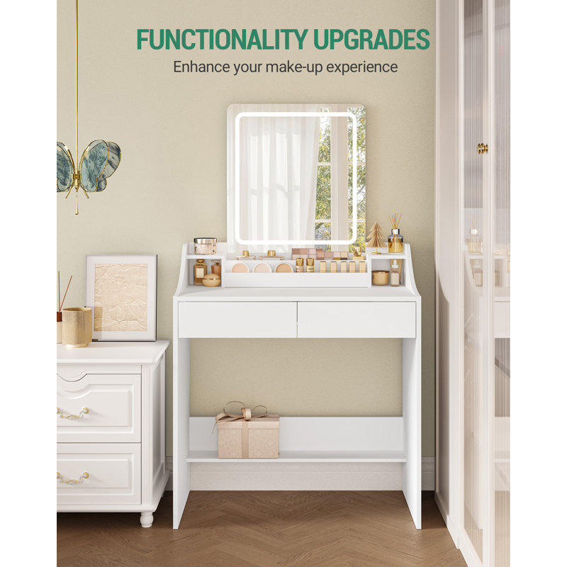 Dressing Table with LED Lights, Adjustable Brightness and Color, Vanity Table with Mirror, Vanity Desk with 2 Drawers and 2 Open Compartments, Modern, 80 cm Desktop, White 