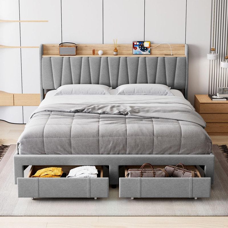 Bed Frame, Storage Headboard and Charging Station, Light Gray, King
