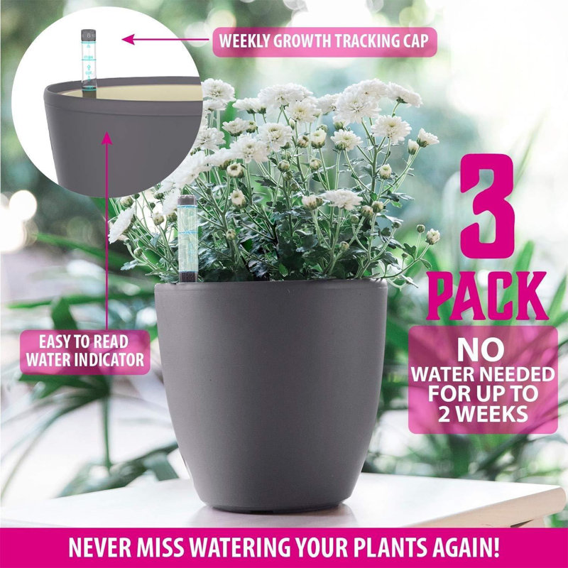 7'' Self Watering Planters For Indoor Plants - With Water Level Indicator For Flower Pot , Grow Tracking Tool - Coco Coir - Grey 3 Pack