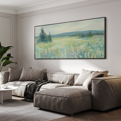 Extra Large Wall Art Fabric Print - Wildflower Meadow Soft Pastel Floral Landscape Artwork Decor for Living Room or Bedroom - "Frame Assembly Required (Unfinished Frame)"