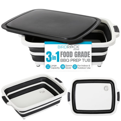 BIRDROCK HOME Collapsible Large BBQ Prep Tub w/ Cutting Board, Multi-Function Grill Caddy w/ Colander & Lid, Portable Silicone Dish Bowl for Picnic, Tailgate, Camping