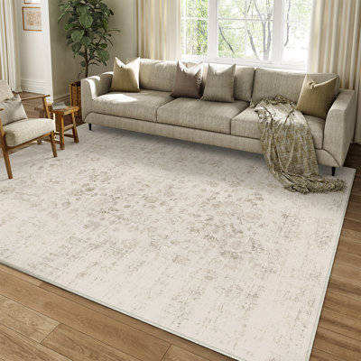 Vintage Elegant Floral Distressed Area Rug in Ivory/Brown