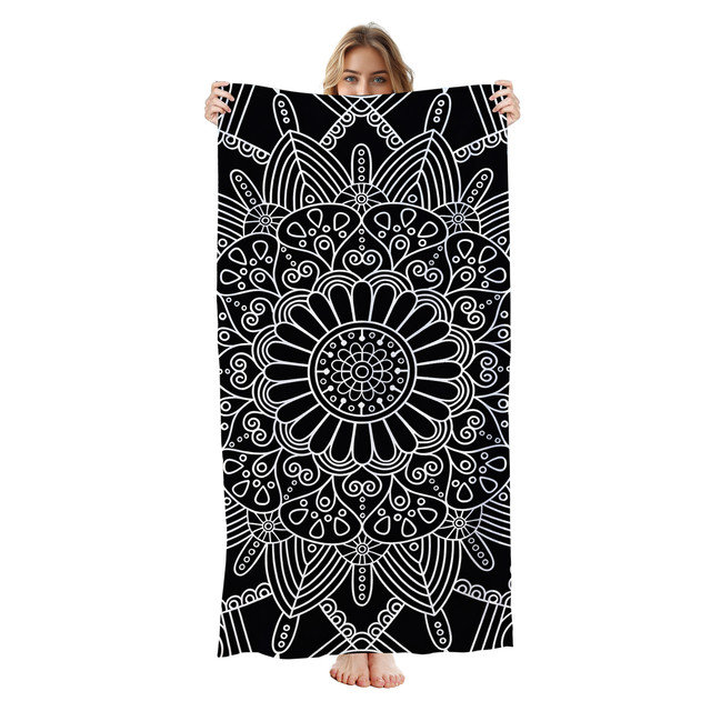  Serviette de plage en microfibre légère, absorbante et sans décoloration, 30 po x 60 po, dessin au trait Mandala