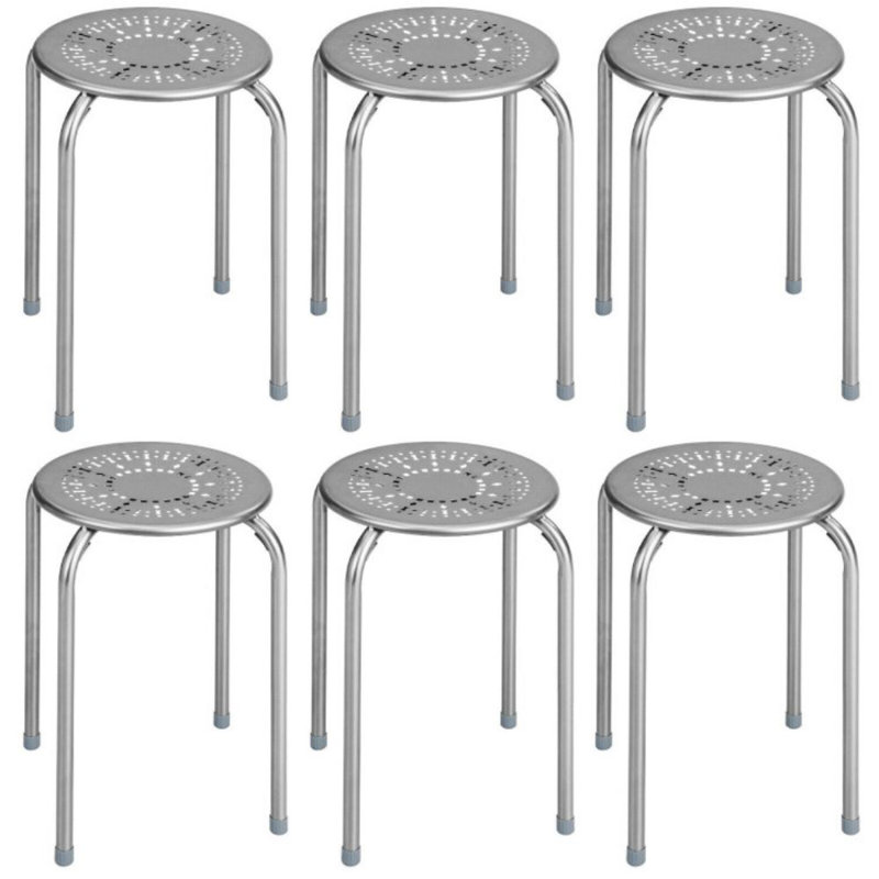 6-Pack Stackable Multifunctional Daisy Design Backless Round Metal Stool Set, Grey
