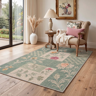 Tapis de couloir vert / ivoire en patchwork lavable à la machine avec envers antidérapant