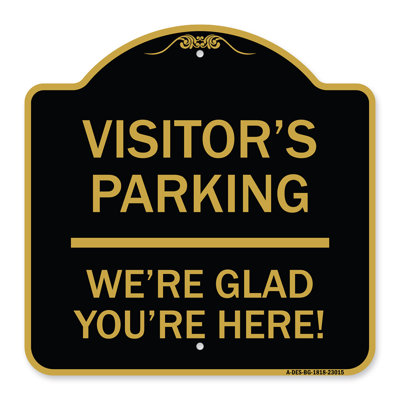Enseigne Signmission Designer Series - Enseigne de stationnement réservée Stationnement visiteurs, nous sommes heureux que vous soyez là! | Enseigne architecturale noire et dorée en aluminium épais 18 po x 18 po | Fabriqué aux États-Unis