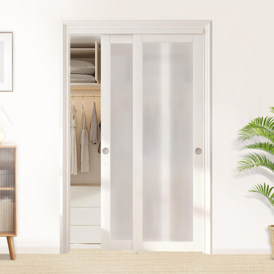 1-Lite Tempered Frosted Glass Wood Double Bypass Sliding Closet Doors With Installation Hardware Kit