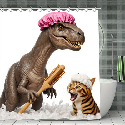 Drôle de rideau de douche dinosaure et chat, 71 x 71