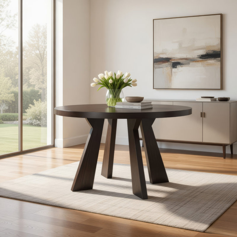 Table de salle à manger Kiana, bois d'hévéa massif brun foncé moderne, ronde 47 po