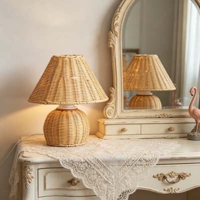 Lampe de table en bambou fabriquée à la main, lampe de chevet en rotin Boho avec ampoule E26 réglable à 3 couleurs, table de chevet rétro en bois d'osier pour l'entrée du salon de la chambre à coucher
