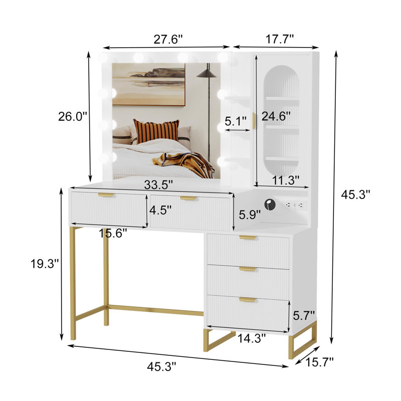 Bureau de meuble-lavabo avec miroir et 3 lumières colorées - meuble-lavabo de maquillage moderne de 45,3 po avec 5 tiroirs de rangement et prise de courant, adapté à la chambre à coucher