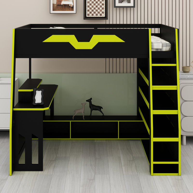 Functional Loft Bed System with Multi-Storage, Customizable RGB Lighting, and Desk with Variable Placement, Green
