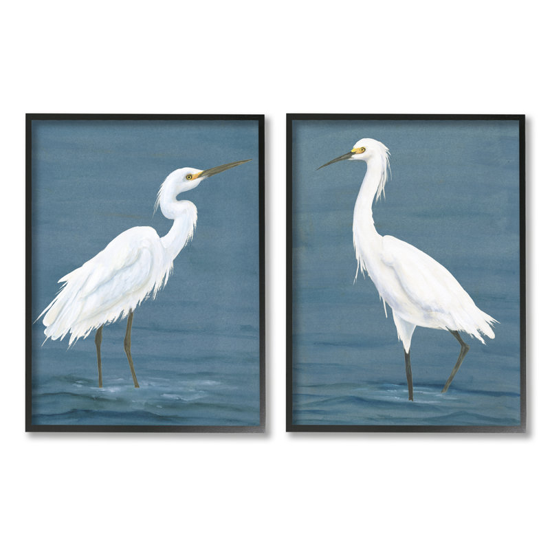 Aigrettes blanches sur le rivage 2 pièces, H 20 po x l 32 po x P 1,5 po, Giclée encadrée noir minuit