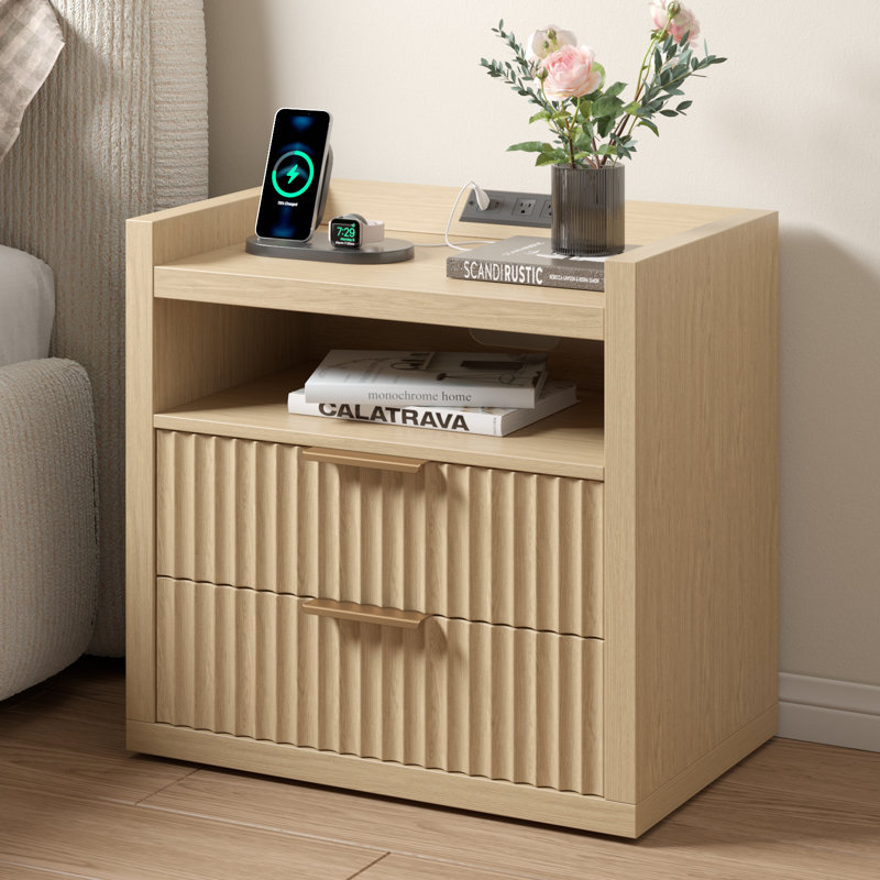 Table de chevet moderne de 23,8 po de largeur avec station de charge, 2 tiroirs et 1 tablette, 2