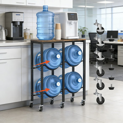 5 Gallon Water Jug Holder With Wooden Tabletop, 4-Bottle Rolling Storage Rack With Locking Wheels And Adjustable Feet For Home, Office, Or Garage Organization