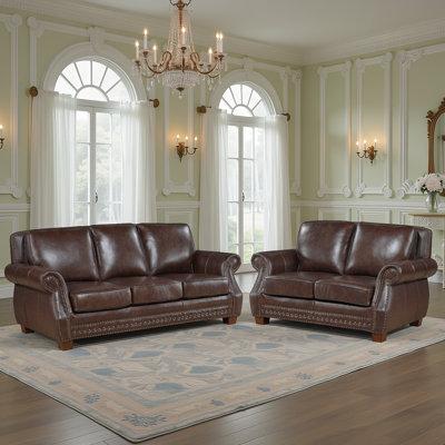 Traditional 2-Piece Living Room Set with 100% Top Grain Leather Upholstery, Elegant Nailhead Trim & Foam over Pocket Coils Comfort by Charlton Home