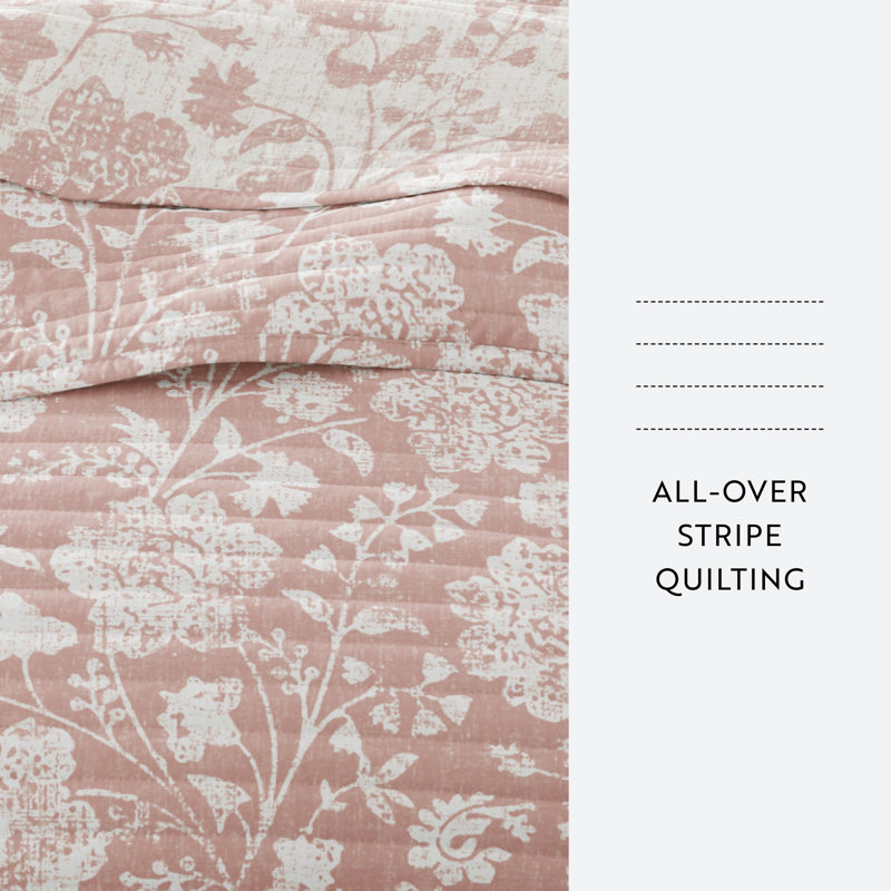 Quilt Set- Lightweight - All Season Quilted Coverlet - Textured Floral, Rose, Queen Quilt + 2 Standard Shams 