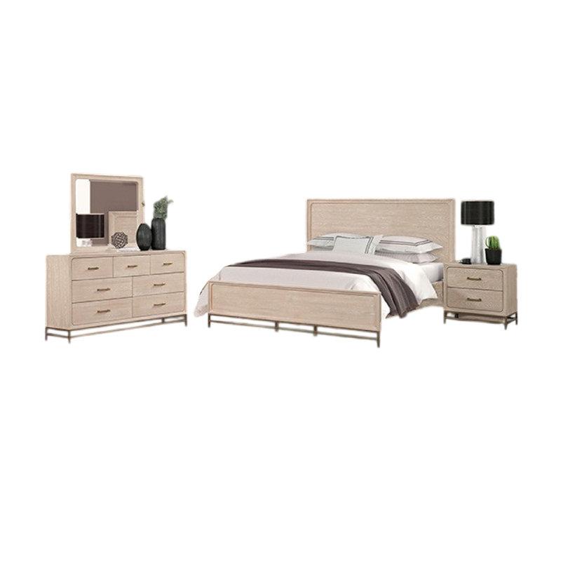 Ensemble de chambre avec grand lit 4 pièces Rozie, miroir biseauté, commode, bois de chêne brun