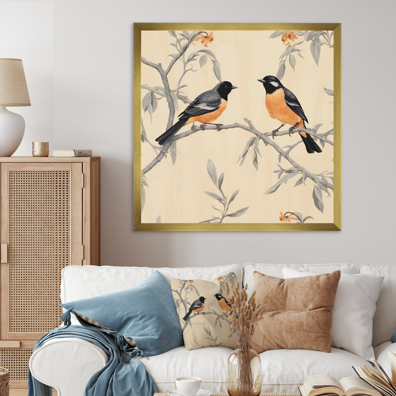 «Orange Black Birds On Trees II», reproduction sur toile encadrée, Cadre doré à une seule photo, H 30 po x l 30 po x P 1 po
